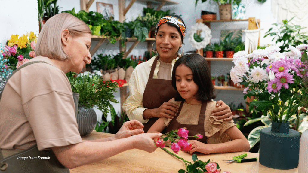 Three generations of women in a flower shop — the human origin behind every floral company story and lasting floral business growth.