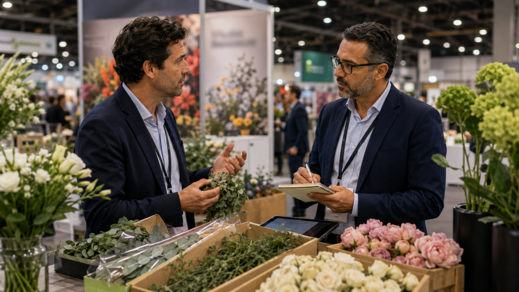 Floral industry professional speaking with a buyer at a convention, illustrating consistent marketing messaging and brand tone for florists and B2B floral businesses.