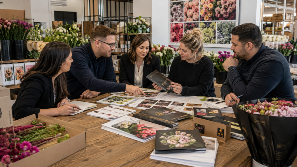 Floral marketing and sales team reviewing brand materials for a flower company, supporting floral business brand identity and how to define brand voice.