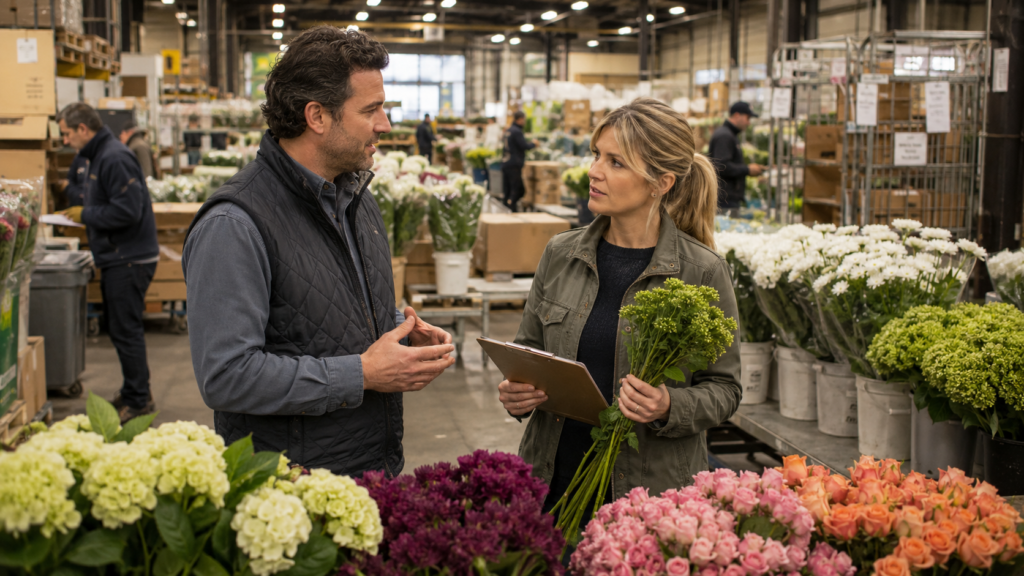 Wholesale floral salesperson meeting with a professional buyer in a flower warehouse, showing trust through consistent messaging in B2B floral marketing.