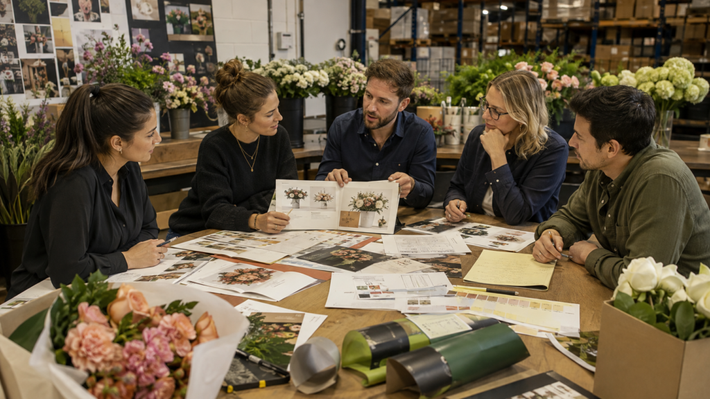 Floral company team reviewing catalogs, packaging, and marketing materials, representing intentional floral marketing and floral brand consistency.
