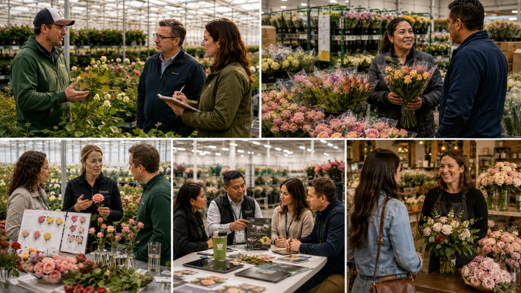 Floral industry professionals across growing, wholesale, business, and retail settings, representing brand voice across the floral supply chain.