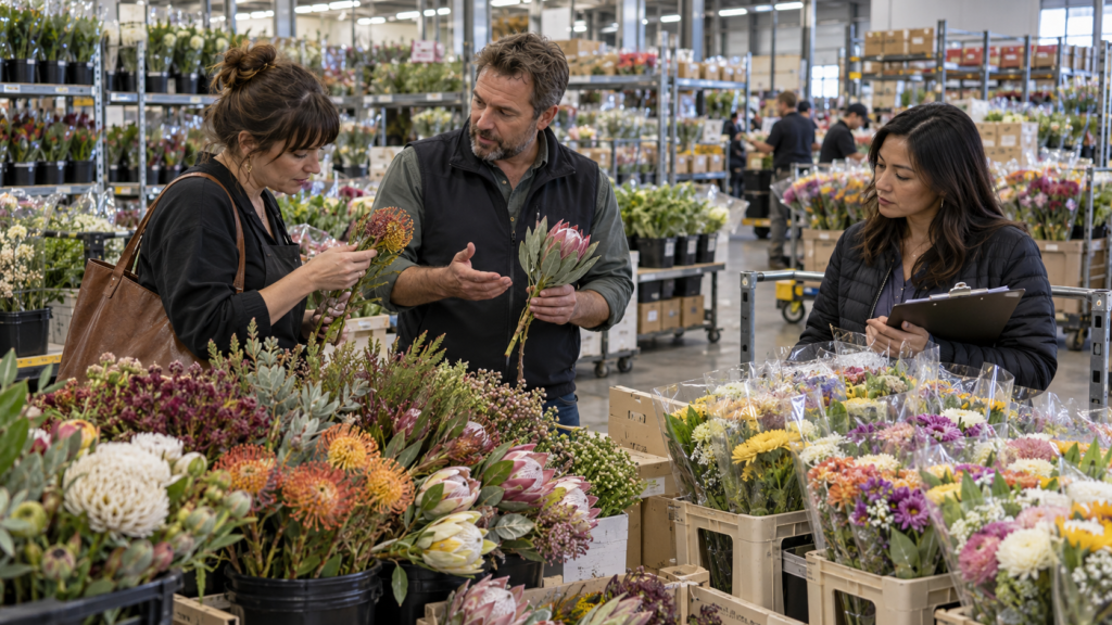 Wholesale floral supplier presenting different flower assortments to professional buyers with distinct purchasing needs.