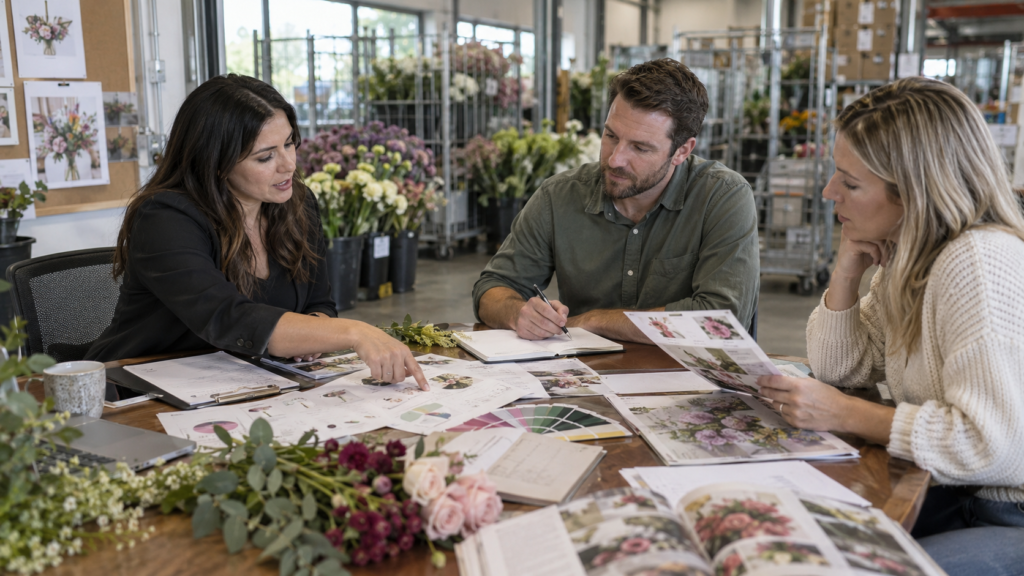 Floral industry marketing and sales team reviewing customer research and purchasing information to develop an ideal customer profile.