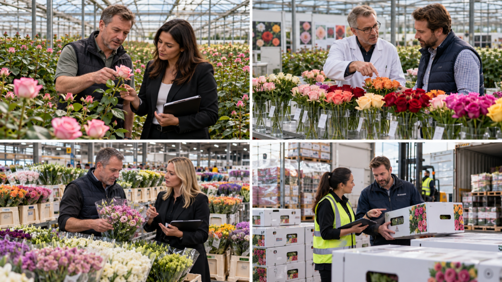 Floral supply chain professionals discussing customer needs across flower growing, breeding, wholesale distribution, and logistics.