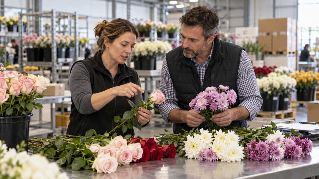 Grower representative and wholesale buyer discuss flower samples at a floral distribution facility.