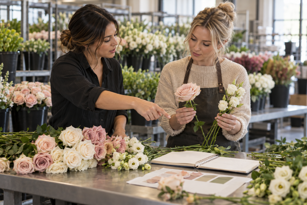 Wholesale representative helps an event florist compare flower varieties and color substitutions.