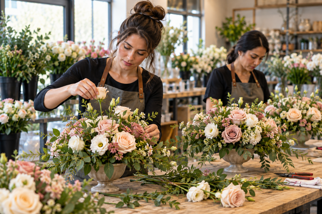 Two florists prepare coordinated wedding centerpieces in an organized floral studio.