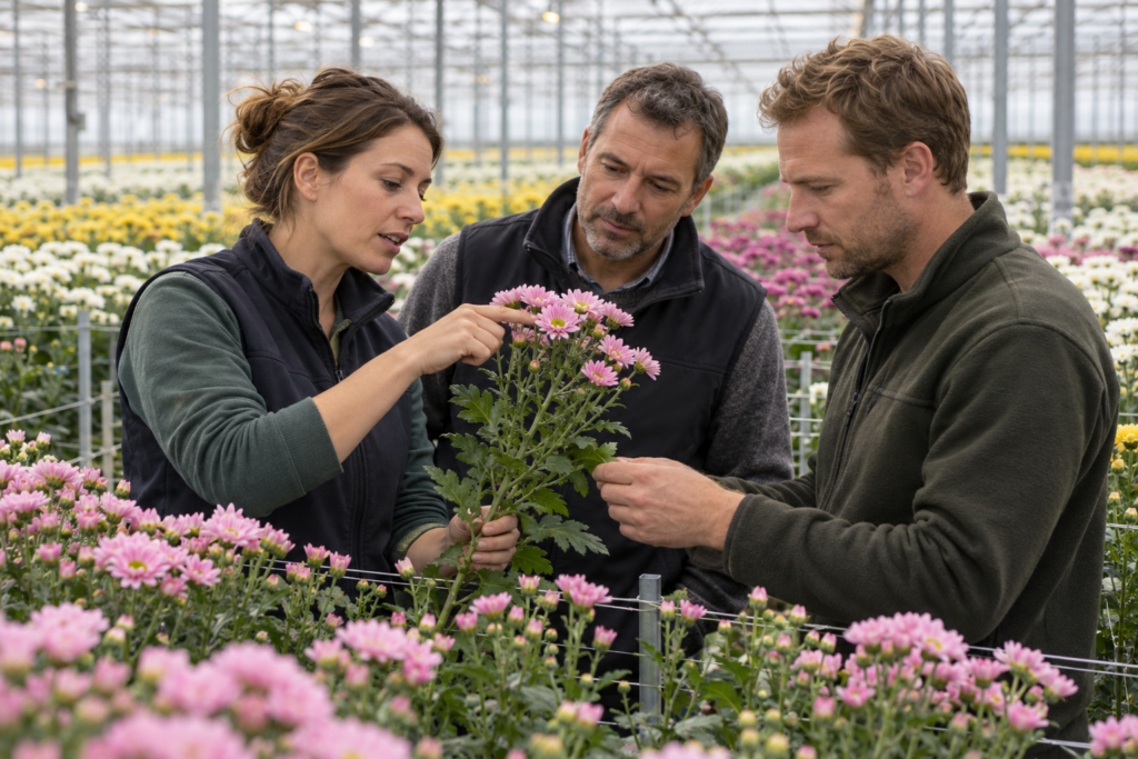 Breeder representative explains chrysanthemum characteristics to growers inside a commercial greenhouse.