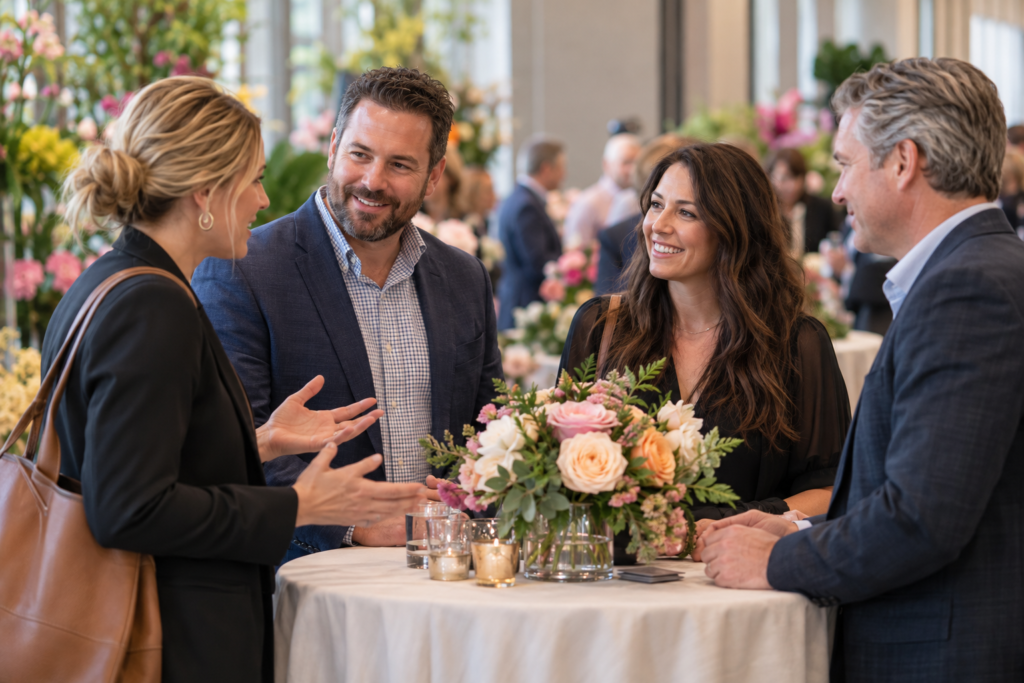Floral business owners and buyers exchange ideas during an industry networking gathering.